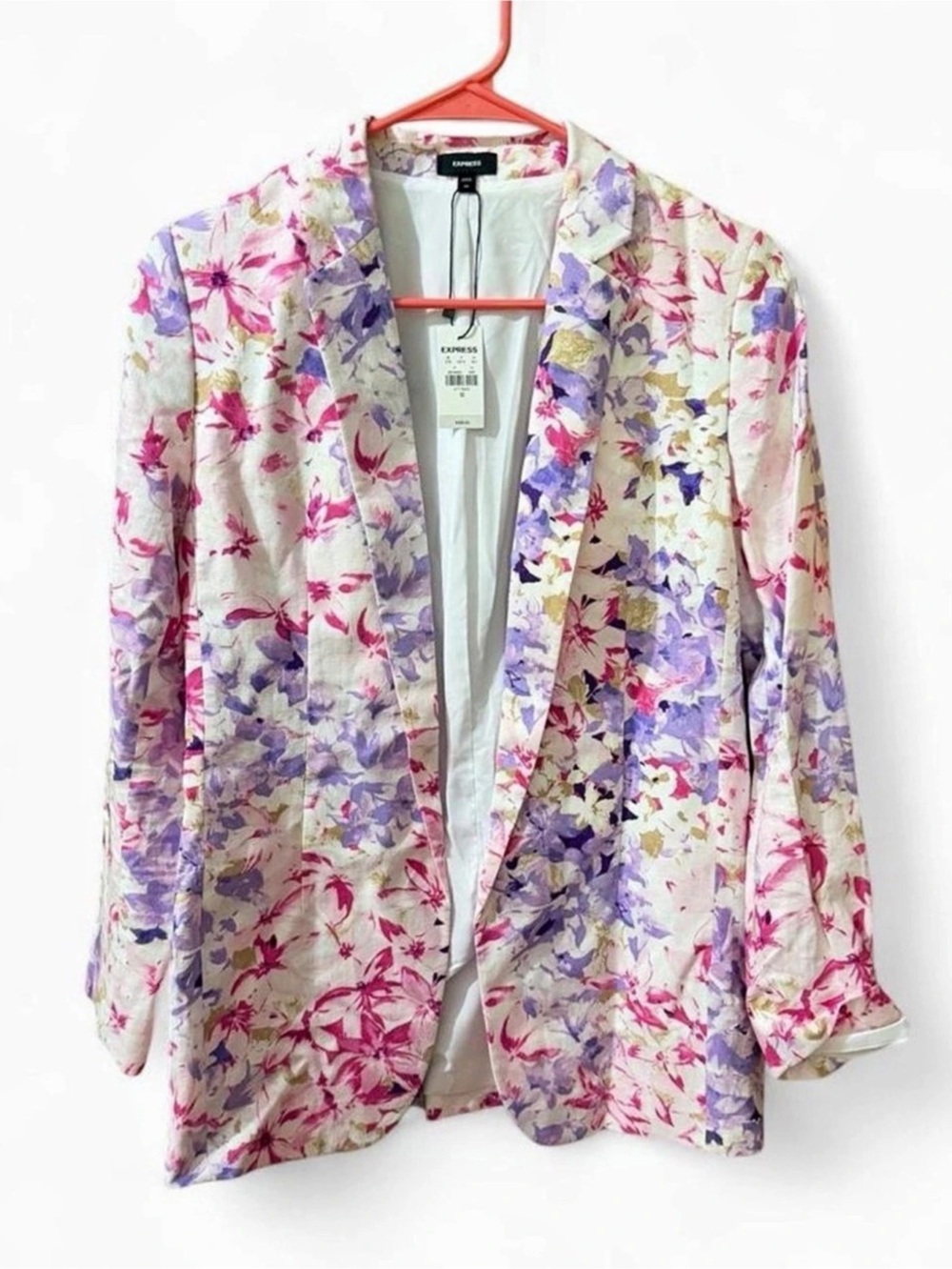 Express Floral Print Linen Blazer White & Purple XS
